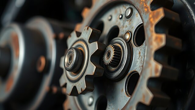 susceptibility. A rusted mechanical gear assembly with one jammed gear, metallic textures, industrial aesthetic. safety posters.