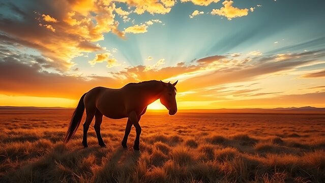 allusion. A lone horse grazing on the vast Pampas grassland under a dramatic sunset sky. inspiring travel planning, wildlife magazines, designed for wildlife conservation campaigns.