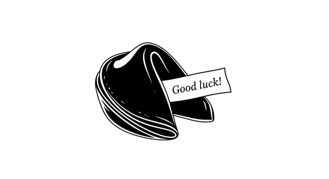 Fortune cookie with 'Good luck!' message, black and white illustration