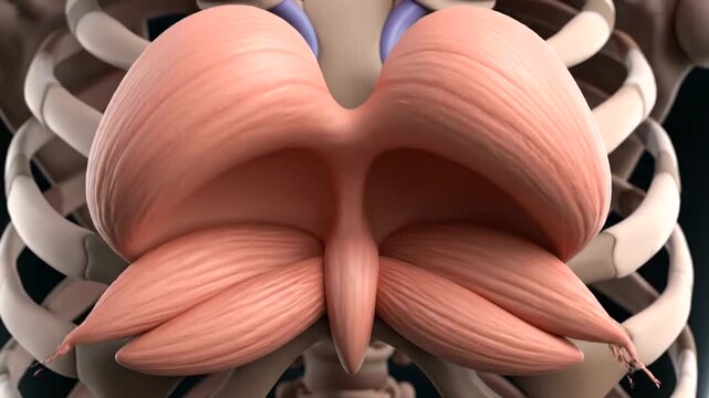 Detailed anatomical illustration of the diaphragm muscle and ribcage structure.
