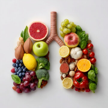 A creative arrangement of fruits and vegetables shaped like human lungs on a white background