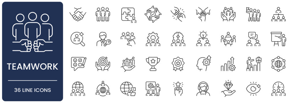 Teamwork Line Icon Set. Collection of collaboration, partnership, cooperation, team, unity, connection, business, handshake, community, group, meeting, Outline, Editable Stroke, Vector illustration.