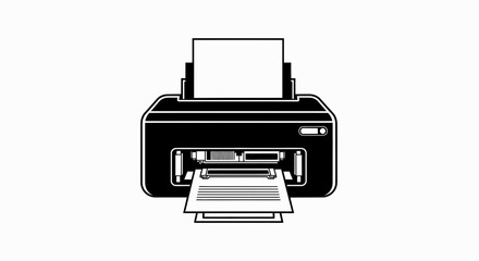 Black and white illustration of a printer printing documents, office equipment, technology concept