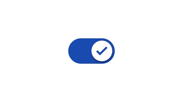 Neumorphism-style toggle button with check and cross icons. An animation of a toggle switch that changes from OFF to ON, switching color from grey to blue when clicked. Concept of modern UI design.
