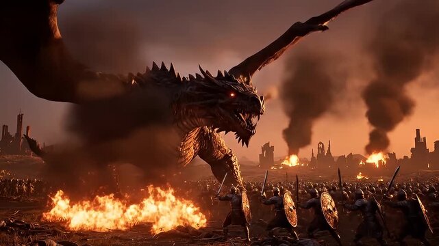 Dragon Burning City Fantasy Scene.