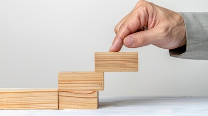 Hand Stacking Wooden Blocks to Create a Growing Staircase Symbolizing Progress and Success in Business or Personal Growth