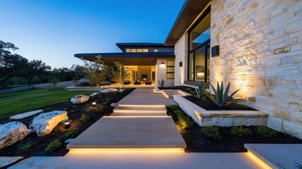 Obraz premium Modern Architectural Residence with Landscape Lighting at Twilight, Featuring Stone Pathway and Native Plants