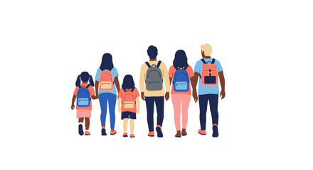 Fototapeta premium A diverse group of six people, including children and adults, walking away from the camera with backpacks on, suggesting a journey or the start of a school day.