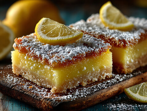 Tangy lemon bars with a buttery shortbread crust and bright yellow curd filling sit on a blue ceramic plate, dusted with powdered sugar and garnished with lemon slices and fresh mint.