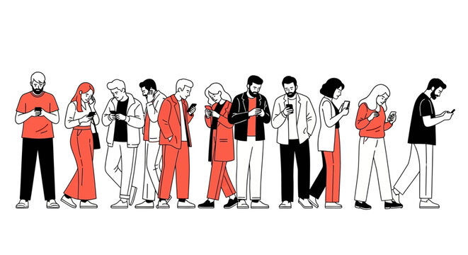 A diverse group of people standing in a line, all engrossed in their smartphones, illustrating modern digital connection.