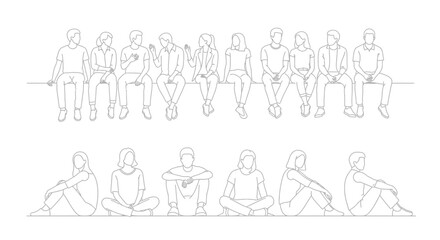 Obraz premium Line art illustrations of diverse groups of people sitting in various poses, both on a raised surface and on the ground.