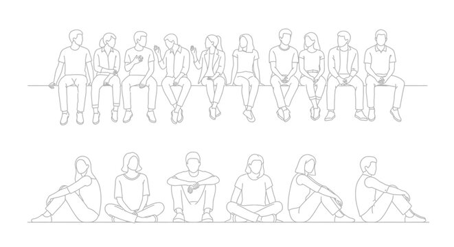 Line art illustrations of diverse groups of people sitting in various poses, both on a raised surface and on the ground.