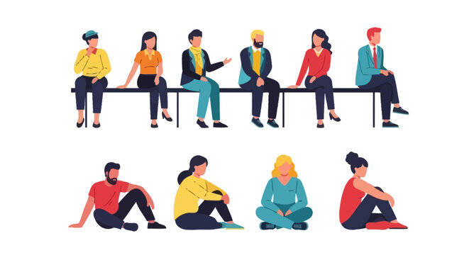 Diverse group of people sitting on a bench and on the floor, showcasing variety in age, gender, and attire.