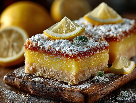 Tangy lemon bars with a buttery shortbread crust and bright yellow curd filling sit on a blue ceramic plate, dusted with powdered sugar and garnished with lemon slices and fresh mint.