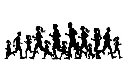 A diverse group of people, including adults and children, are depicted in silhouette running together.