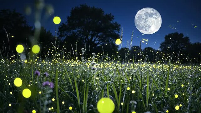 Fireflies dancing under full moonlight summer.