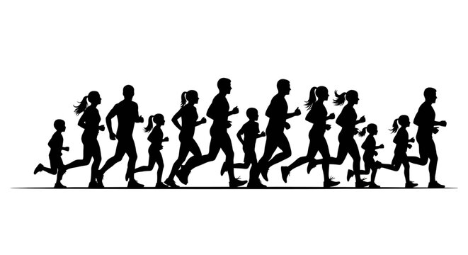 A diverse group of people, including adults and children, are silhouetted as they run together in a line, suggesting a community event or a fun run.