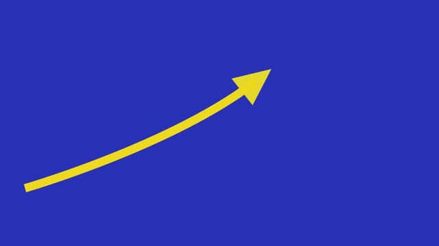 Volumetric spiral yellow arrow with shadow pointing upwards on a pure blue background