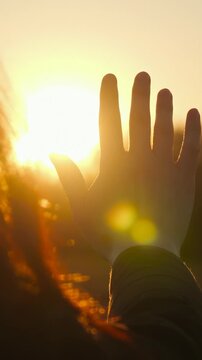 Woman raising hand toward bright sunlight at sunset, silhouette against glowing sky. Freedom concept. open palm, warm light and outdoor space symbolizing independence and personal freedom. Vertical