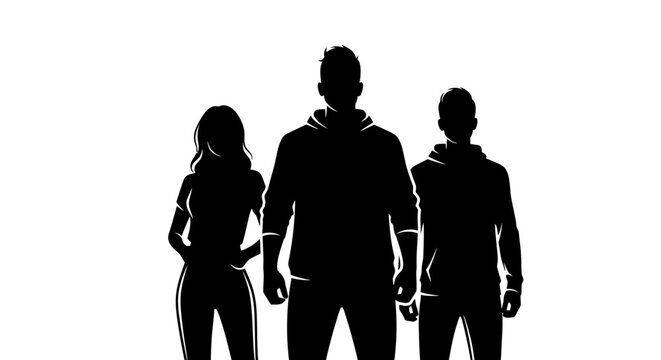 Silhouette of three young people standing together, two men and one woman, against a white background.