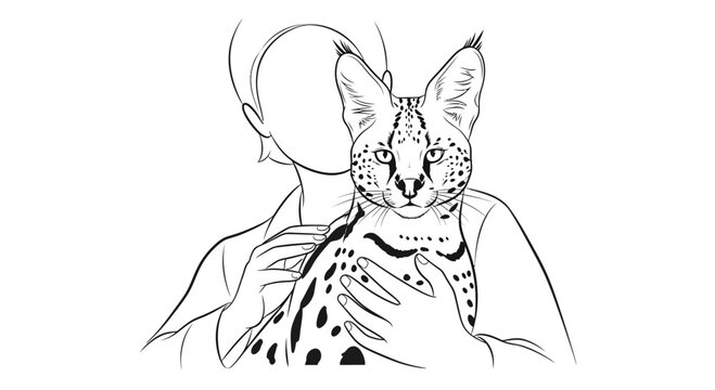 Serval Cat Held by Person, Outline Drawing, Exotic Pet, Wild Animal Portrait