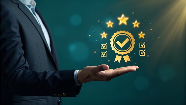 Business professional presenting glowing quality certification badge with checkmark and stars, symbolizing approval, trust, compliance standards and performance assurance in corporate environment 