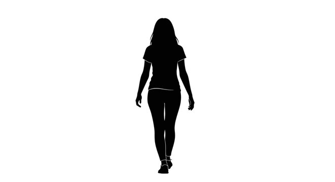 Silhouette of a woman walking away from the camera against a white background.