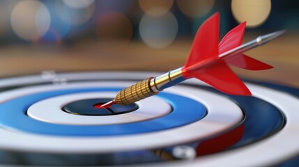Fototapeta premium Red Dart Hitting Center of Blue and White Circular Target with Blurred Background