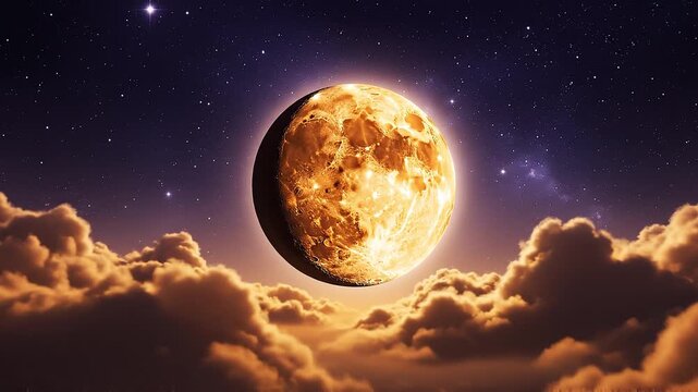 Bright, detailed full moon glowing amidst a starry night sky, partially obscured by dark, billowing clouds with warm, golden hues