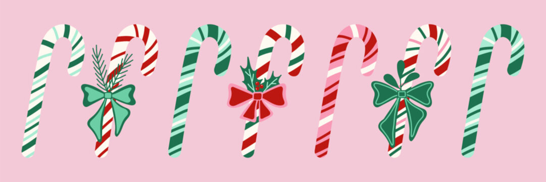 Candy canes red and green vintage clipart set. Peppermint candy sticks with bow and greenery decoration vector element collection for Christmas