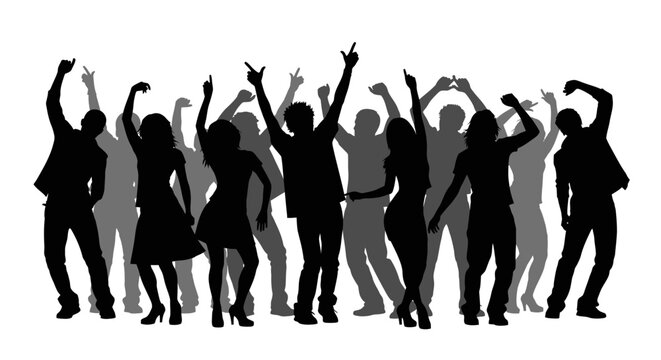 A diverse group of people dancing and celebrating with their hands in the air.