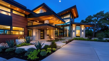 Obraz premium Modern Architecture at Twilight with Illuminated Exterior and Lush Landscaping