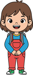 Cute cartoon school girl wearing red overalls and backpack, isolated on white background.