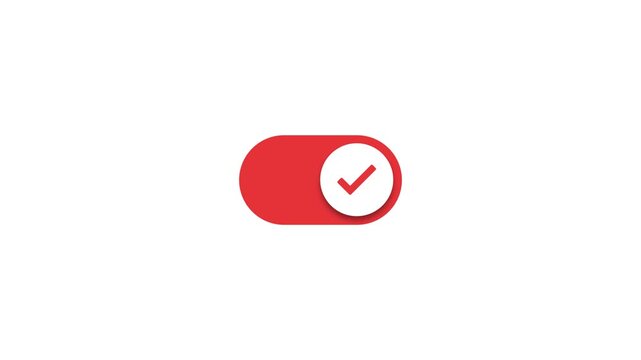 Neumorphism-style toggle button with check and cross icons. An animation of a toggle switch that changes from OFF to ON, switching color from grey to red when clicked. Concept of modern UI design.