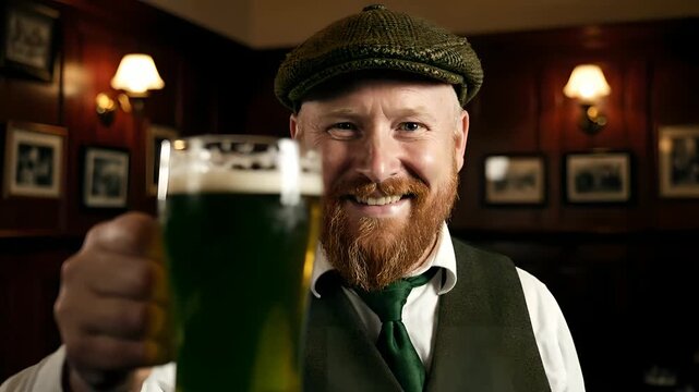 Smiling Irish man with red beard and flat cap holds up a pint of green beer in a traditional pub, celebrating St. Patrick's Day. Ideal for holiday promotions, bar advertising, and festive greetings.