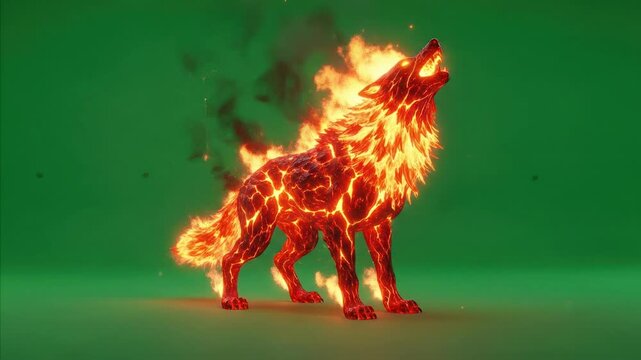 Fiery wolf howling with glowing embers and smoke on green screen