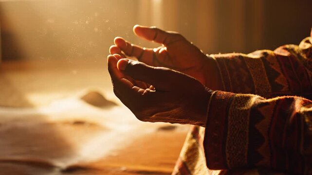 Dimly lit scene of a person meditating with open hands, warm sunlight illuminating their hands and intricate clothing details