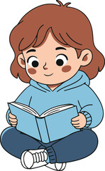 Cute cartoon child sitting cross-legged and reading a book, wearing a blue hoodie and dark pants.