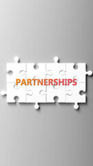 Obraz premium Partnerships complex like a puzzle - pictured as word partnerships on a puzzle pieces to show that partnerships is complex and needs cooperating pieces that fit together. ,3d illustration