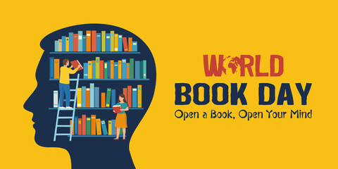 Fototapeta premium World Book Day banner. Human head silhouette filled with bookshelves and people reading inside. Creative concept for World Book Day with the quote “Open a Book, Open Your Mind.”