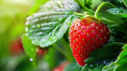 Fresh Red Strawberry with Water Droplets on Lush Green Leaves in Natural Light Setting