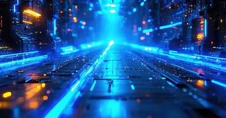 Obraz premium Futuristic corridor, bright blue lights, dark environment. Linear perspective creates depth, technology dominates scene.