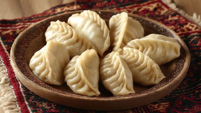 A wooden bowl filled with freshly made dumplings on a decorative cloth background