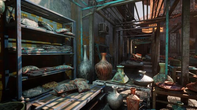 shadowed artisan shop alley showcasing weathered vases and metalware in low warm light, glazed ceramics in foreground, textured shelves and patina surfaces,