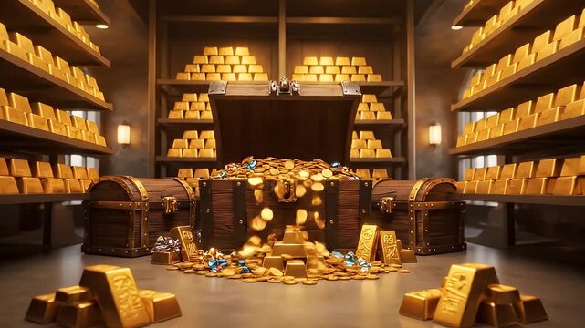 Gold bars and coins in vault.