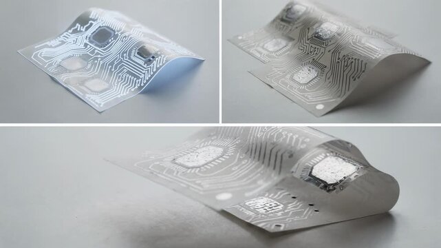 Medium shot of flexible printed electronics paper showcasing delicate printed circuits glowing softly under bright light. Medium shot of coated paper with embedded NFC tags