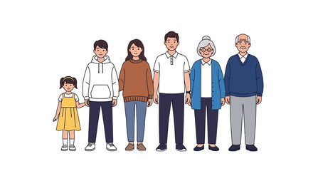 A diverse multi-generational family stands together, showcasing different ages and styles of clothing. © Ahmad