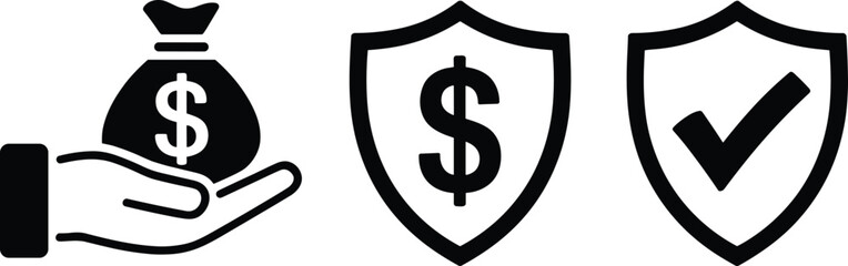 Obraz premium Black and white vector icons of money, financial protection, and security shields for banking, insurance, and cybersecurity design themes.