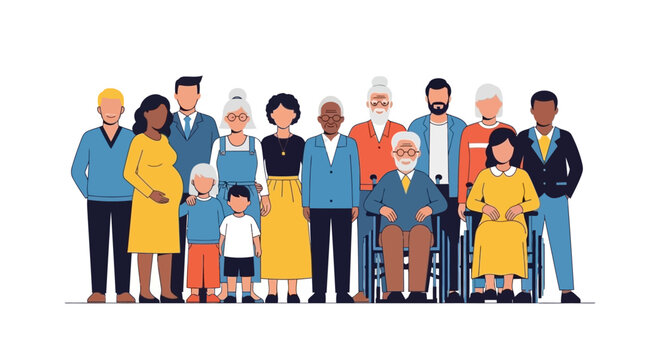 A diverse group of people of various ages, ethnicities, and abilities standing together, representing community and inclusion.