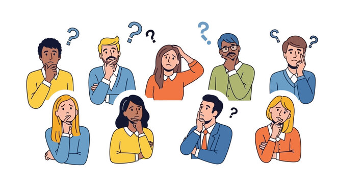 A diverse group of people are shown with question marks above their heads, indicating confusion or deep thought.